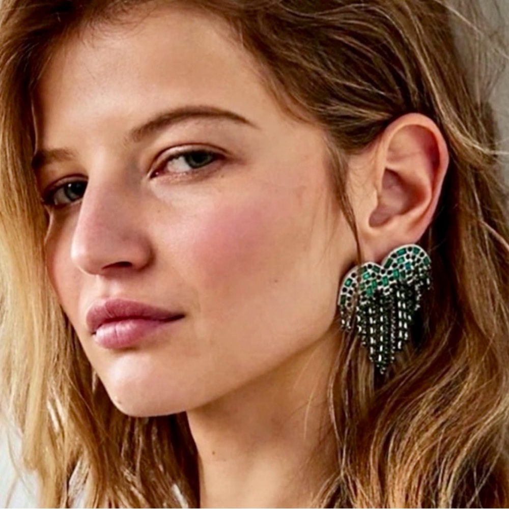 Free People Hearts On Fire Dangle Emerald Fringe Bling Earrings
